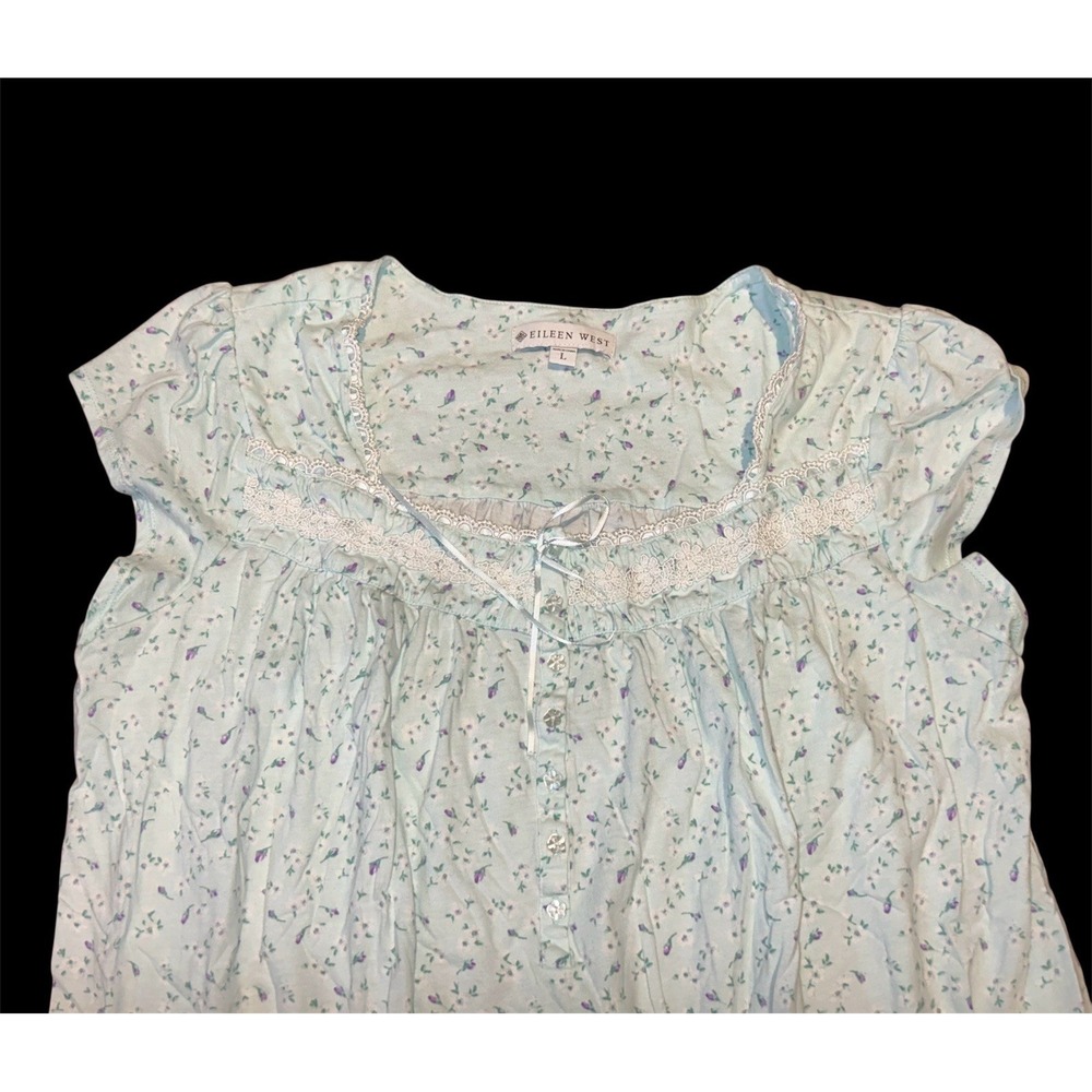 Eileen West Nightgown Floral Cap‎ Sleeve Cotton Jersey Ballet Sz L Mint Green - Picture 4 of 7